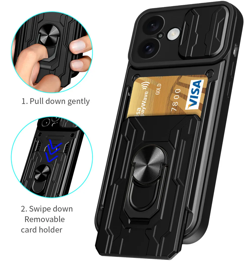 For iPhone 11 12 13 14 15 16 Pro Max 14 15 16 Plus Camera Lens Protective Magnetic Car Ring Stand Push Pull Card Bag TPU Cases