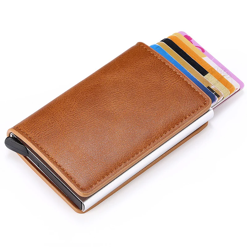 RFID Blocking Credit Card Holder Stainless Steel NFC Anti Scan Business Wallet Genuine PU Leather Purse Money Bag For Men Women