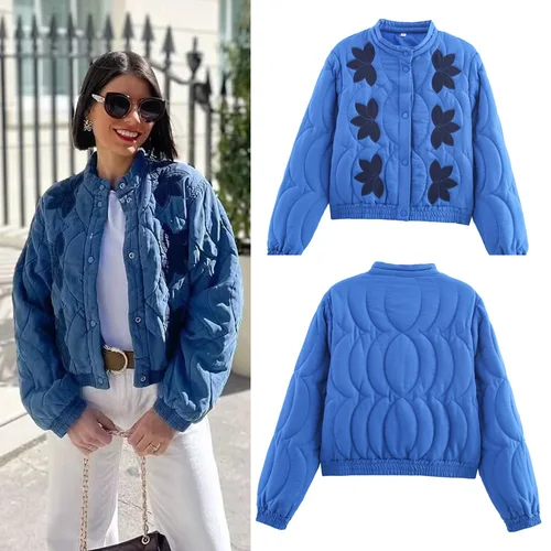 2025 otoño mujer abrigo corto acolchado bordado Floral Chaqueta corta de un solo pecho invierno cálido Vintage ropa de abrigo de manga larga