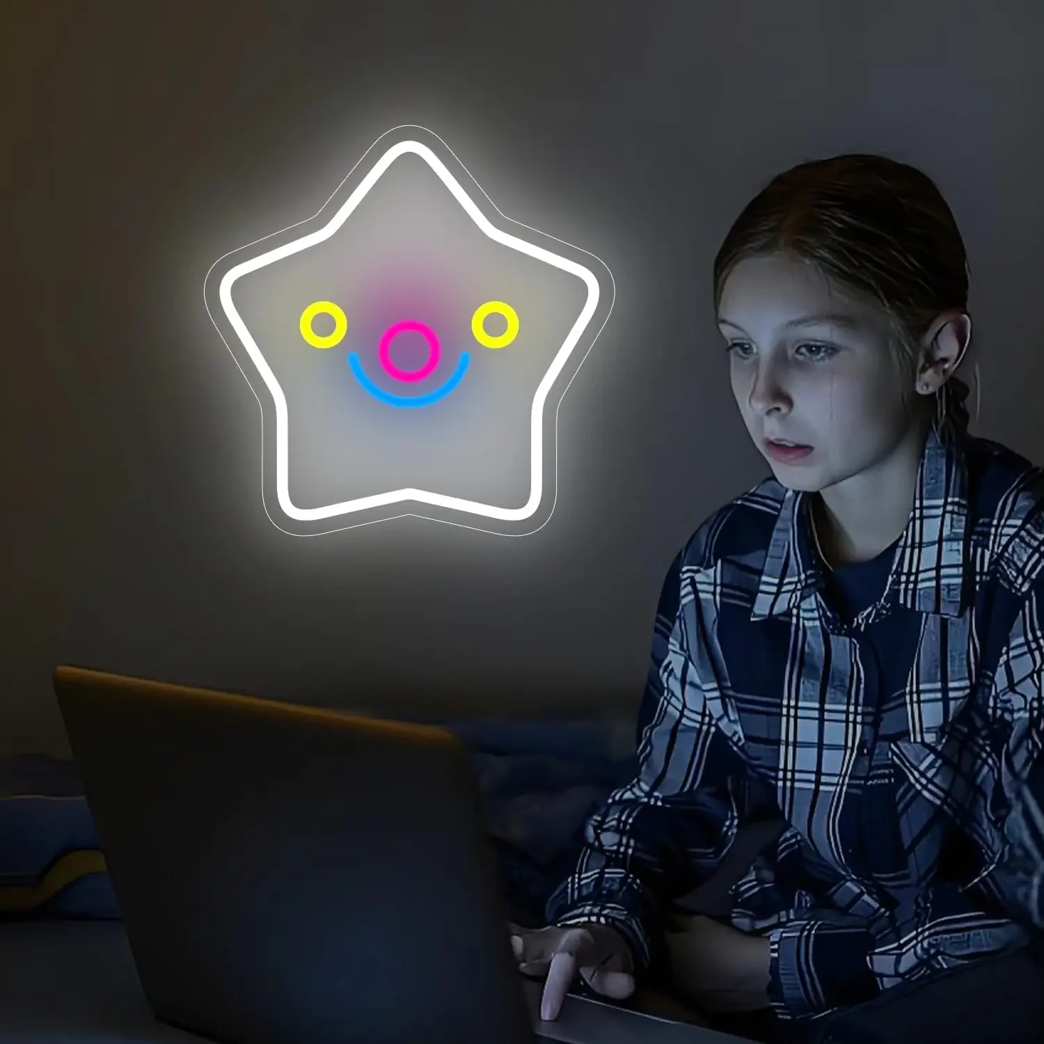 Star Smile Neon Sign Yellow Balloons Pink Blue LED Wall Art Acrylic USB Dimmable Hanging Light Cute Decor for Kids Room