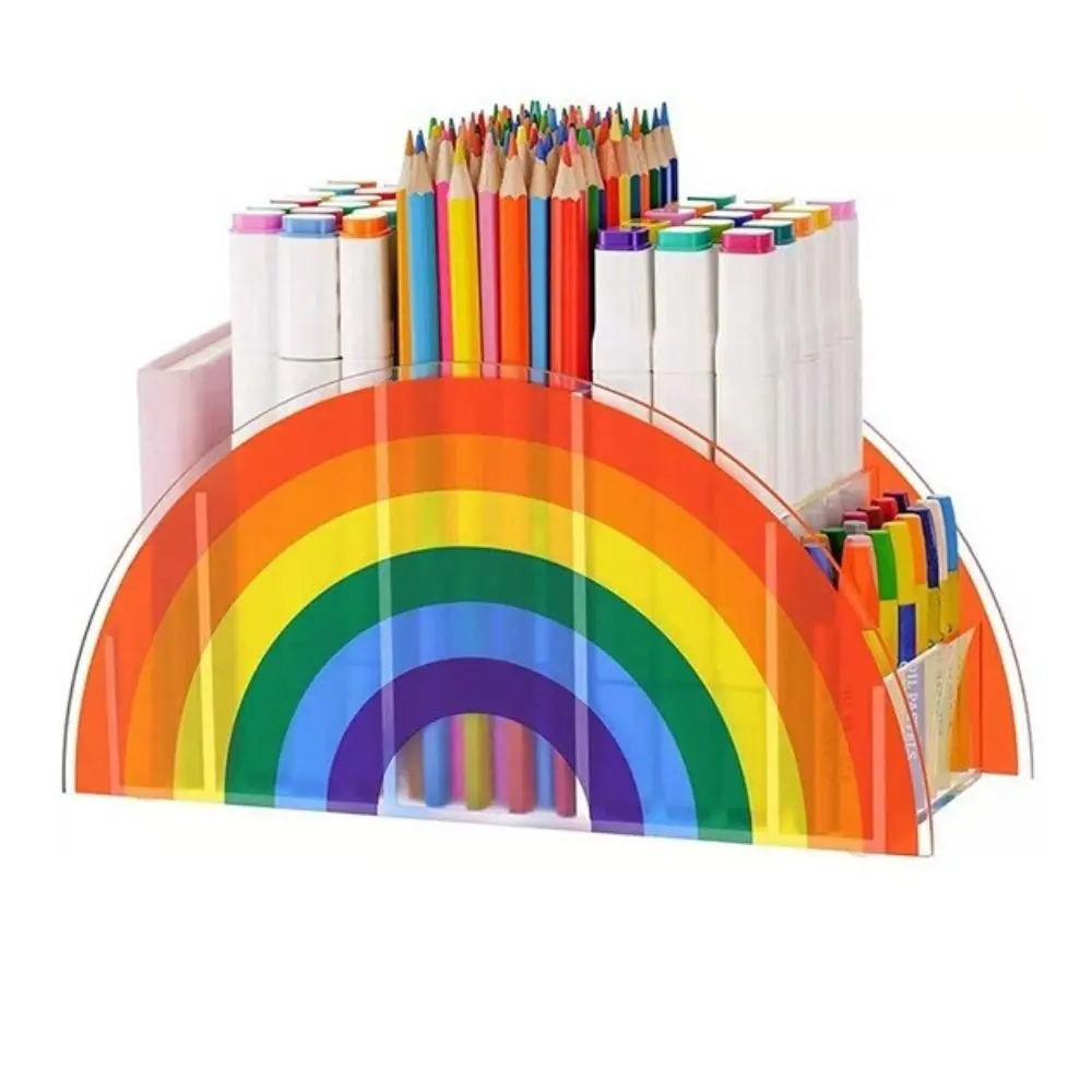 Acrylic Rainbow Pen Holder Colorful with 5 Grids Office Storage Box Multi Functional Arch Bridge Design
