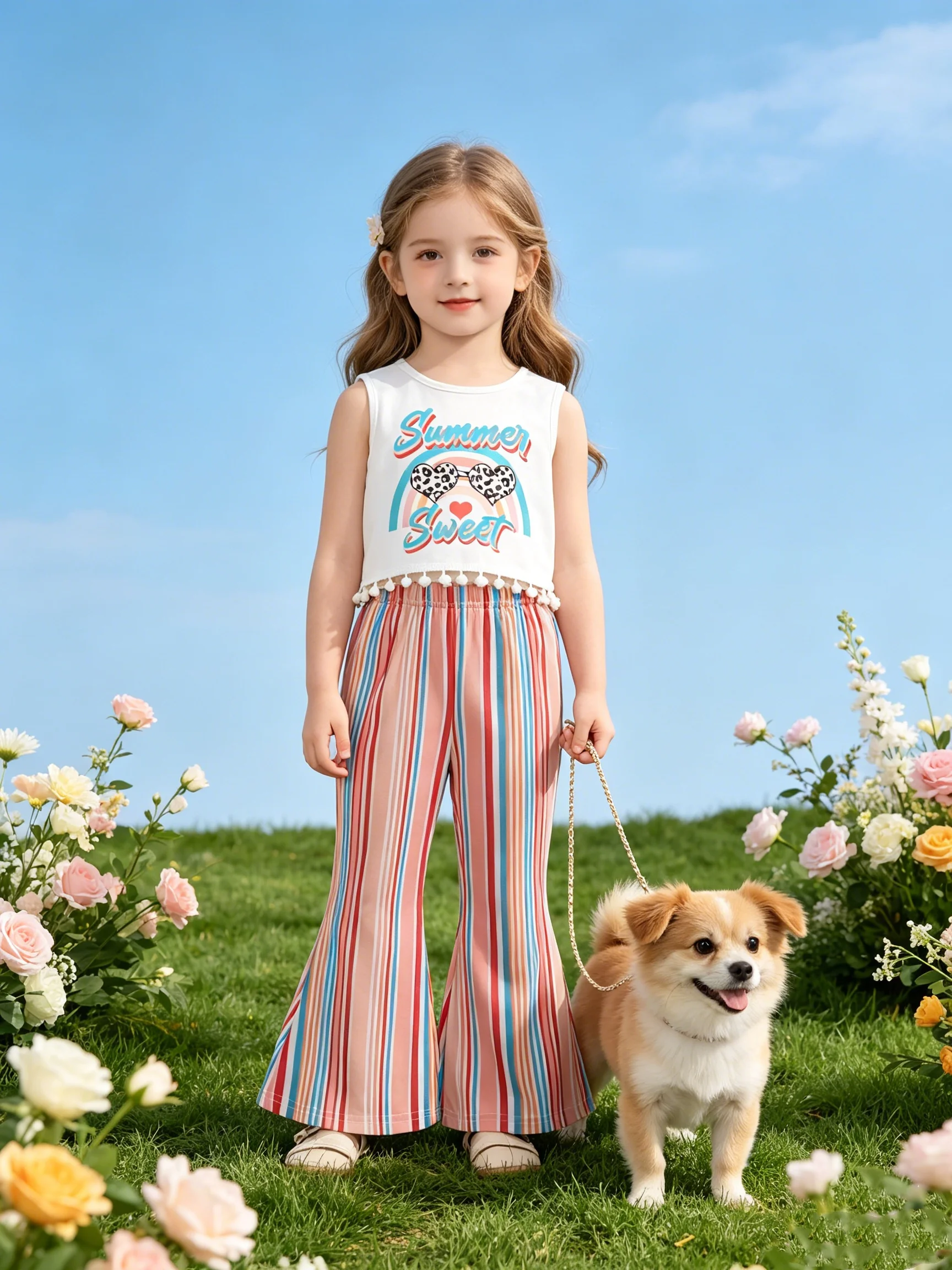 Two-piece Summer New Arrival Girl's American Sweet & Cool Style Printed Pom-Pom Vest T-Shirt Vertical Striped Flare Pants