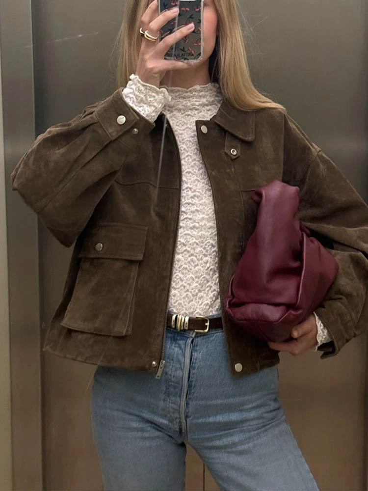 

Long Sleeve Pockets Buttons Zipper Female Autumn Jackets Fashion Women's Faux Leather Bomber Jacket 2025 Turn-Down Collar