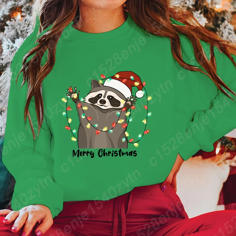 Christmas Light Racoon Merry Christmas Print Pullovers Women Autumn Winter Tops Ladies Creative Personalized Hoodless Sweatshirt