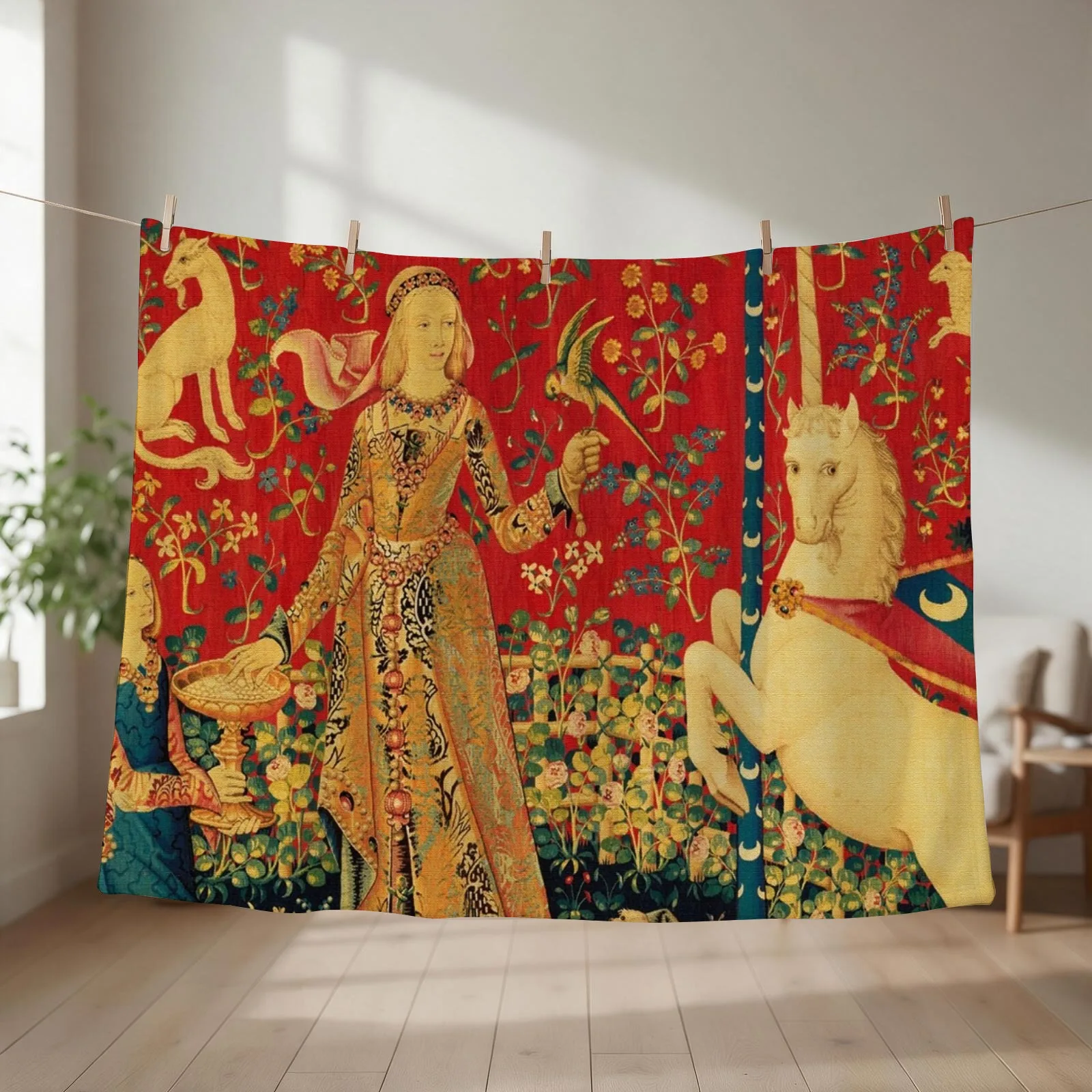 LADY AND UNICORN Taste Detail ,Red Green Fantasy Flowers,Animals Throw Blanket Sofa Quilt Soft Blankets