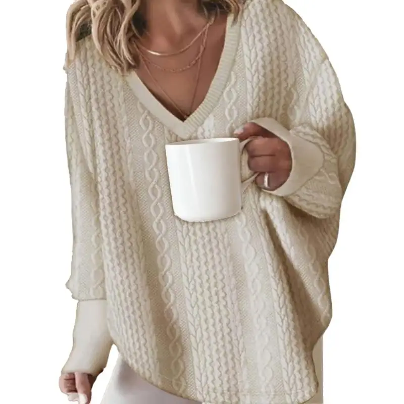 652F Women's Cable Knit Pullover Casual Oversized Long Sleeve Loose Sweater Top