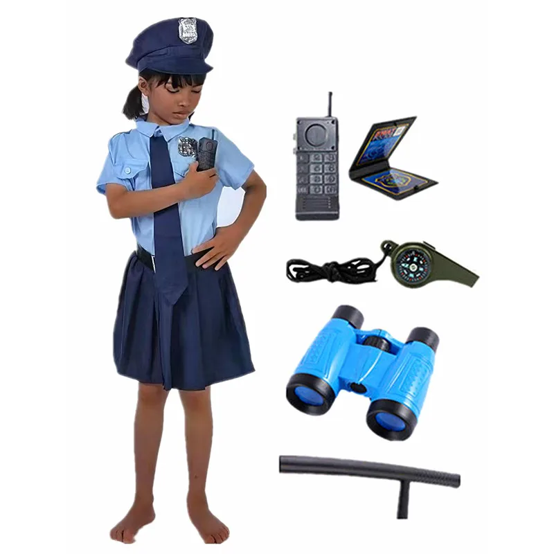 Girls Police Officer Work Uniform Halloween Role Play Button Costume Police Toy Accessory with Walkie Talkie Whistle Baton Gift