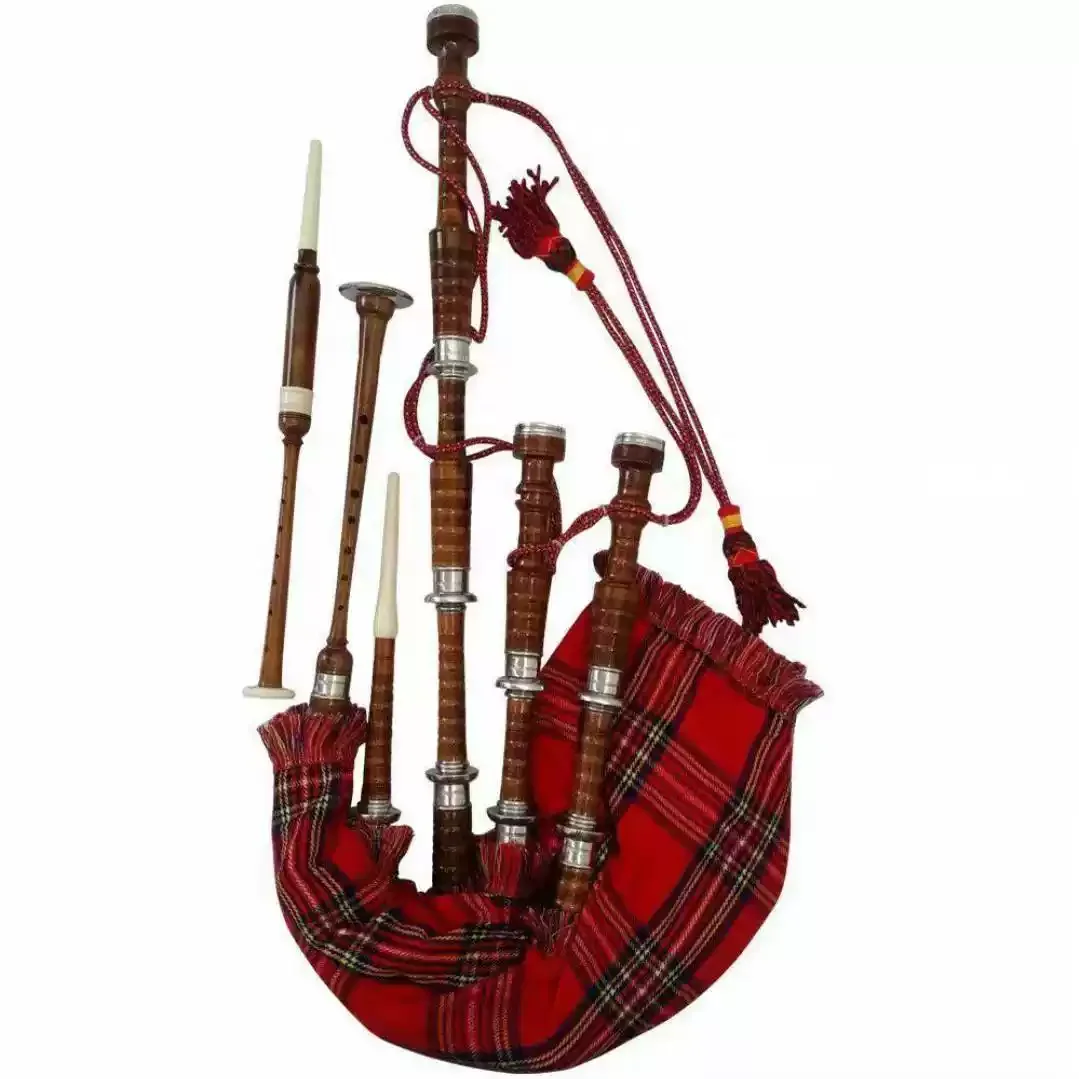 Handcrafted Highland mahogany all-gold bagpipes with hard case and instructor's book for high-quality Scottish instruments