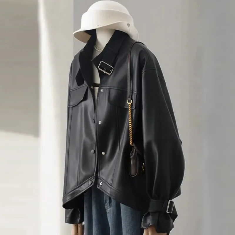 

Retro Women Stand Collar Leather Top Femme Single Breasted Faux Leather Coat Spring Autumn Ladies Long Sleeves PU Leather Jacket