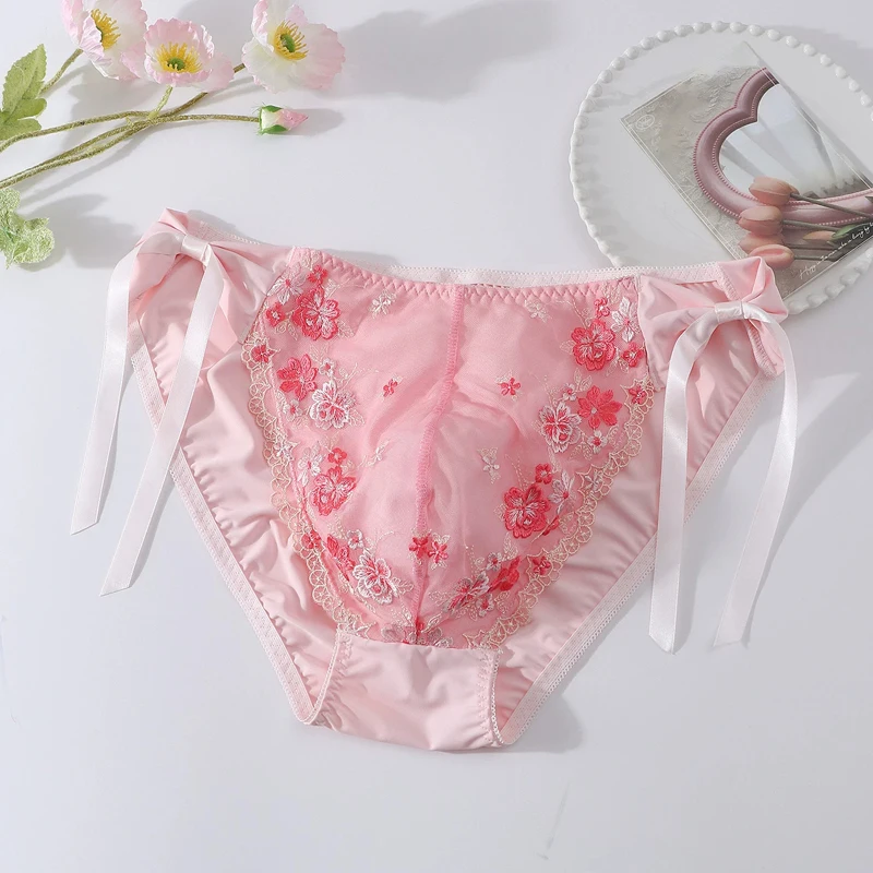 Men's Lace Floral Embroidery Pink Underwear with Ruffle Edge Waistband Sexy and Comfortable Panty Performance Dance Costumes