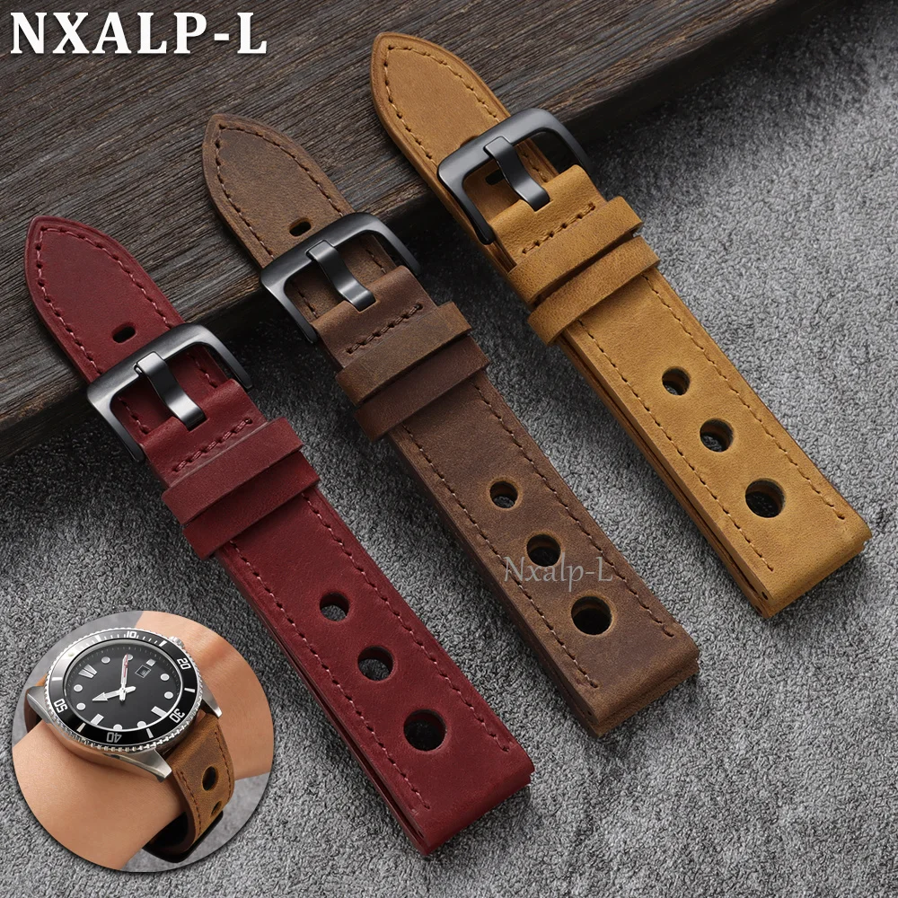 Retro Matte Cowhide Watch Strap Porous Breathable Bands Dark brown 18mm 20mm 22mm 24mm for Omega for Seiko Smartwatch Wristband
