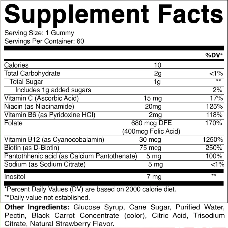 Gommes Complexe de Vitamine B, Contenant de la Vitamine C et de l'Inositol-Arôme Naturel de Fraise-60 Gommes (1 Bouteille)