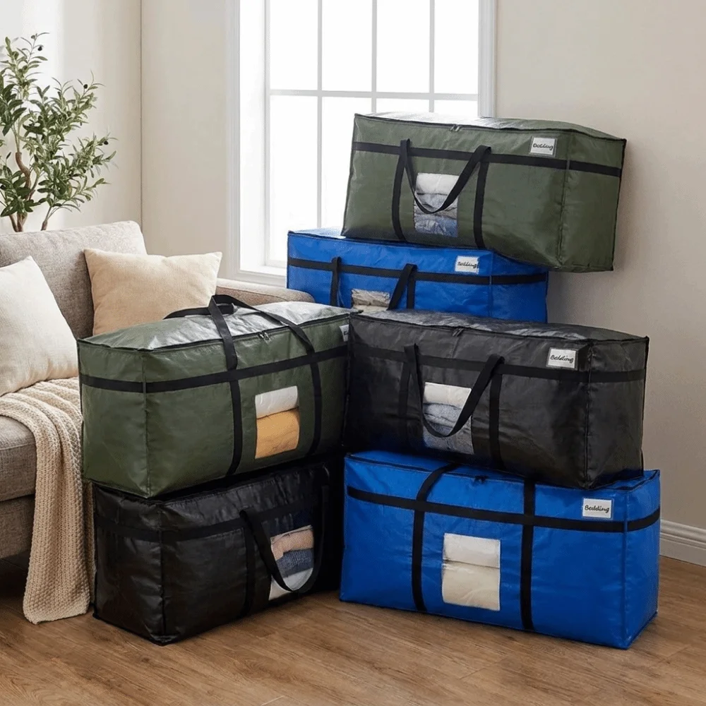 Clear Window Moving Package Bag Reinforced Handles Zipper Closure Clothes Quilt Storage Bag Waterproof Reusable 4