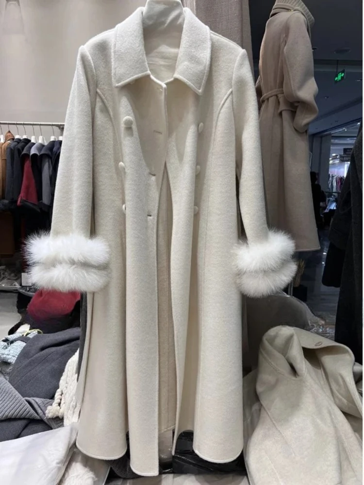 Women's Glamorous Winter Fur Wool Blend Longline Coat Premium Fabric Collar Heavyweight Soft Texture Outerwear for Daily Wear