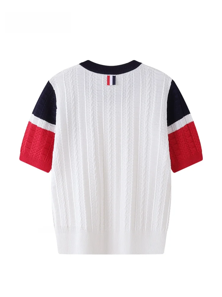 JZZDEMM Damska Dopasowana Dzianinowa Koszulka z Haftowanym Wzorem, Nowość na Lato, Modna Retro Elegancka Odzież Codzienna