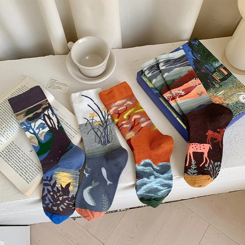 1Pack/4 Pair Socks for Woman Man Autumn Socks New Art Van Gogh Mural World Famous Oil Painting Series Artistic Couple Socks
