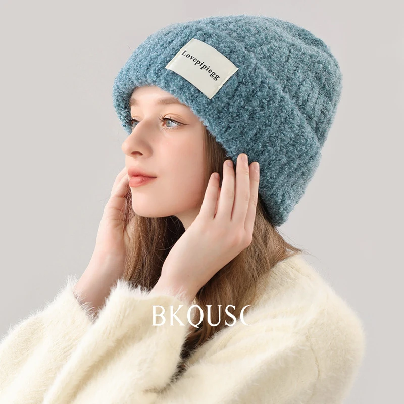 Solid Color Knitting Bonnet Caps for Women Winter Warm Knitted Women's Beanie Hats Casual Coarse Woolen Knit Skullies & Beanies