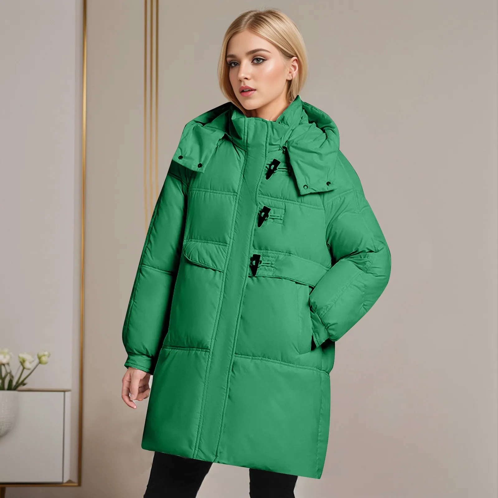 Women's Cowhorn Button Long Cotton Coat Women's Casual Fashion Cotton Coat Thickened Winter Women's Coat Fleece And down Jacket