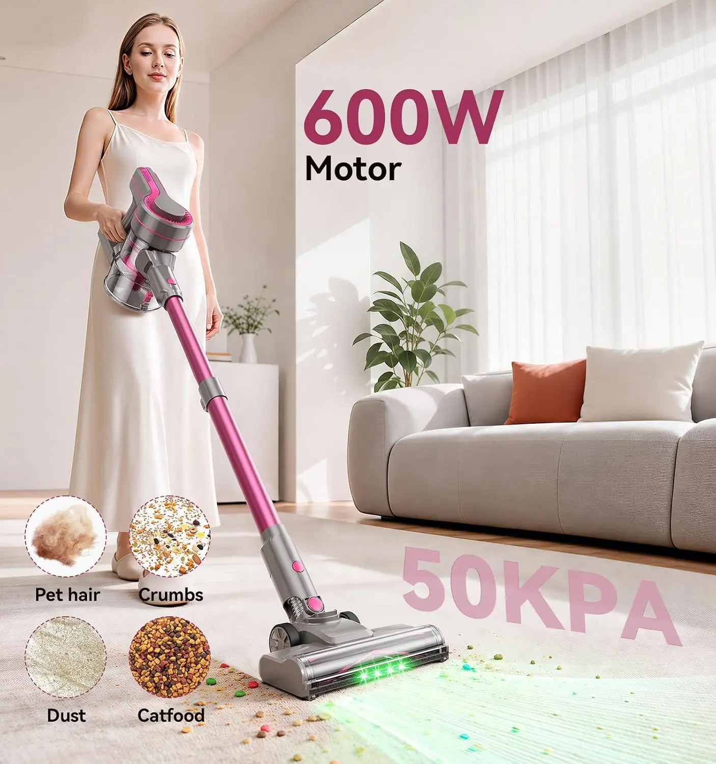 600W/50Kpa Cordless Vacuum Cleaners for Home, 50Mins Stick Vacuum with Self-Standing,Anti-Tangl,Lightweight Wireless Vacuum for Hardwood Floors Carpet Pet Hair Car
