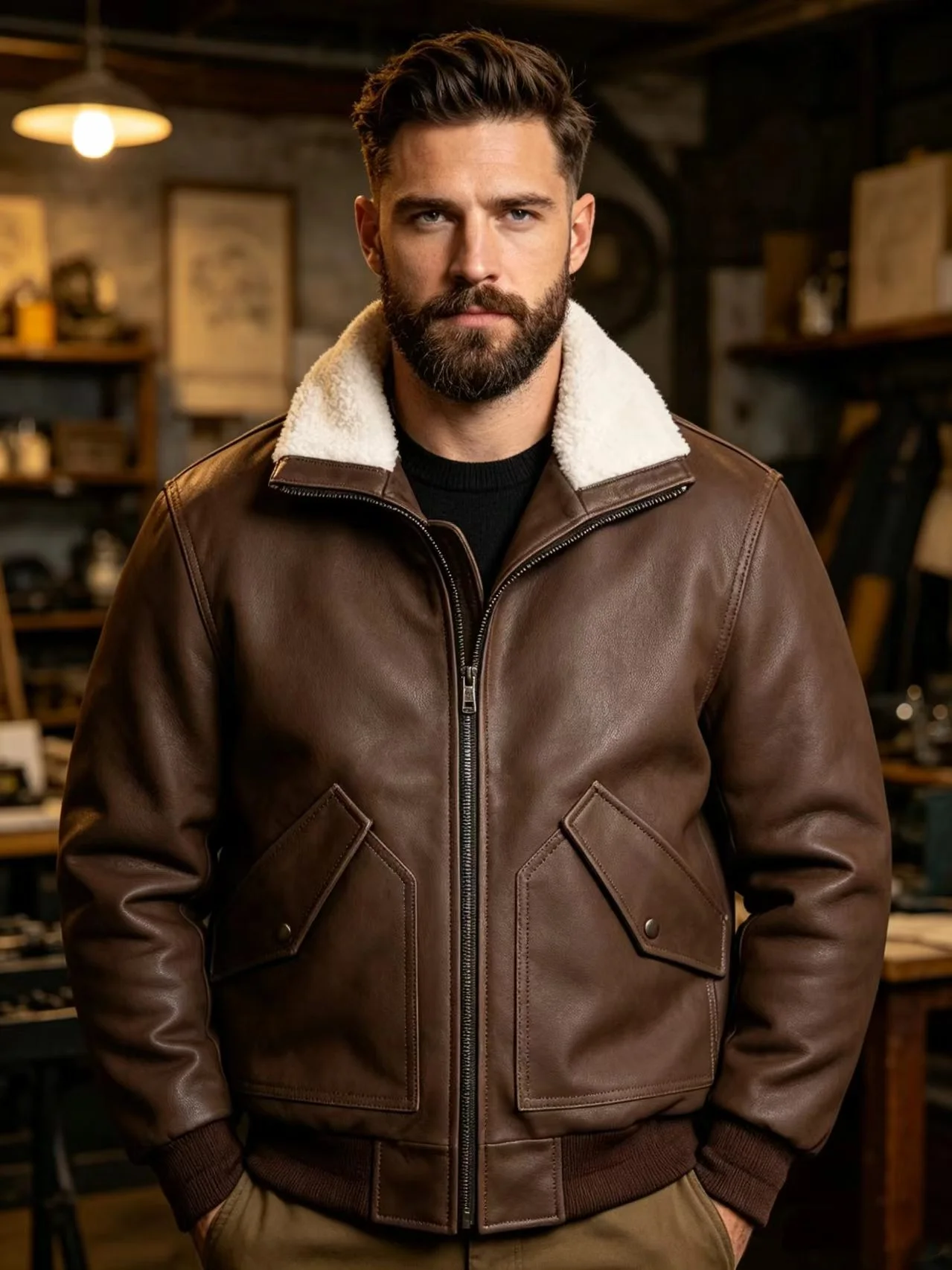 Men's Genuine Cowhide Leather Flight Jacket Brown Fur Collar CWU Pilot Bomber Coat Quilted Lined Ribbed Hem Winter Warm