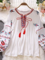 Autumn Women Blouse Indie Folk Embroidery Lace-Up Tassel O-Neck Lantern Sleeve Tops Loose Cotton Female Blusa Casual Shirts