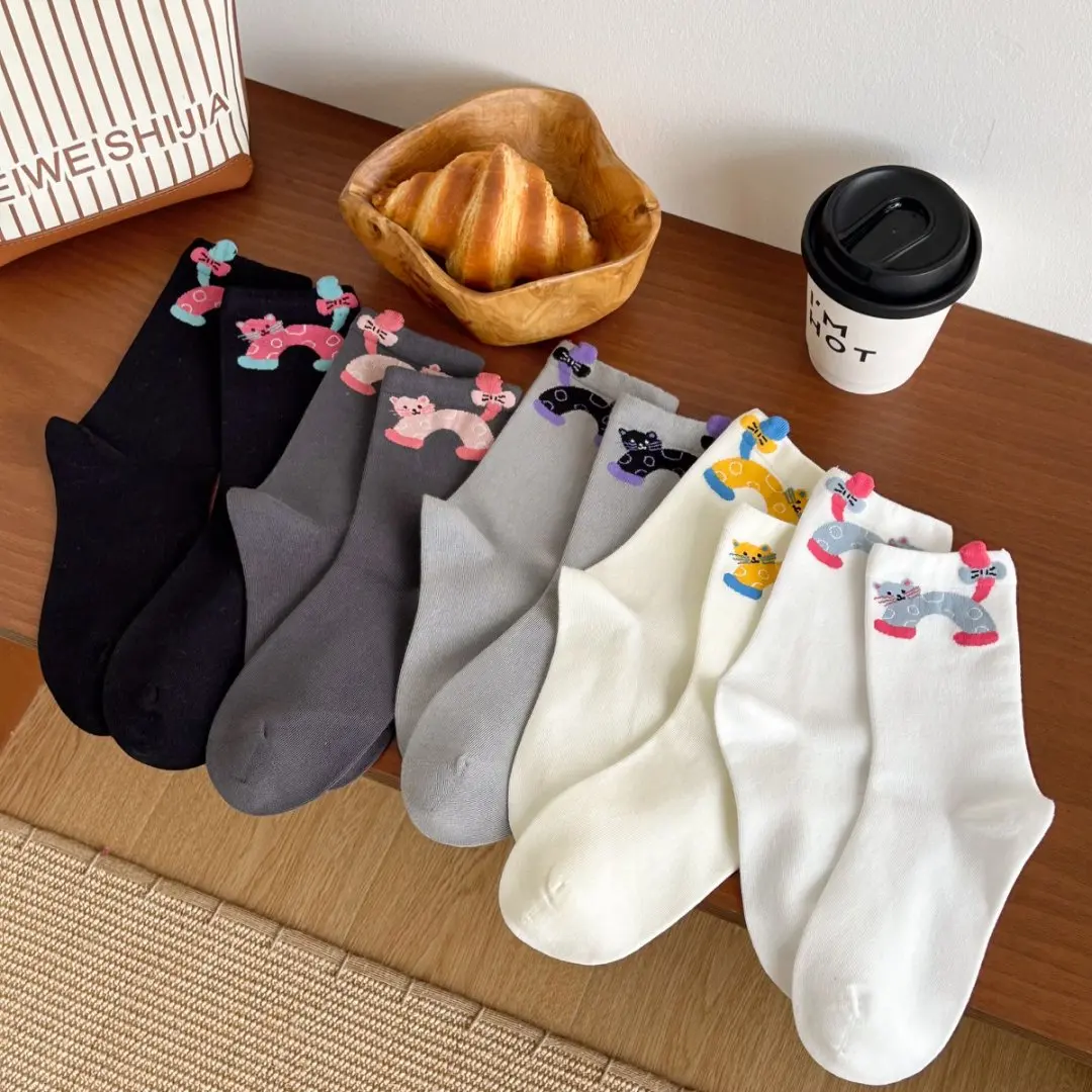 Kreative mittelkalblange Socke, niedliche Cartoon-3D-Katzensocke für Frauen und Mädchen, koreanischer Stil, bequeme weiche Kawaii-Misch-Baumwollsocken