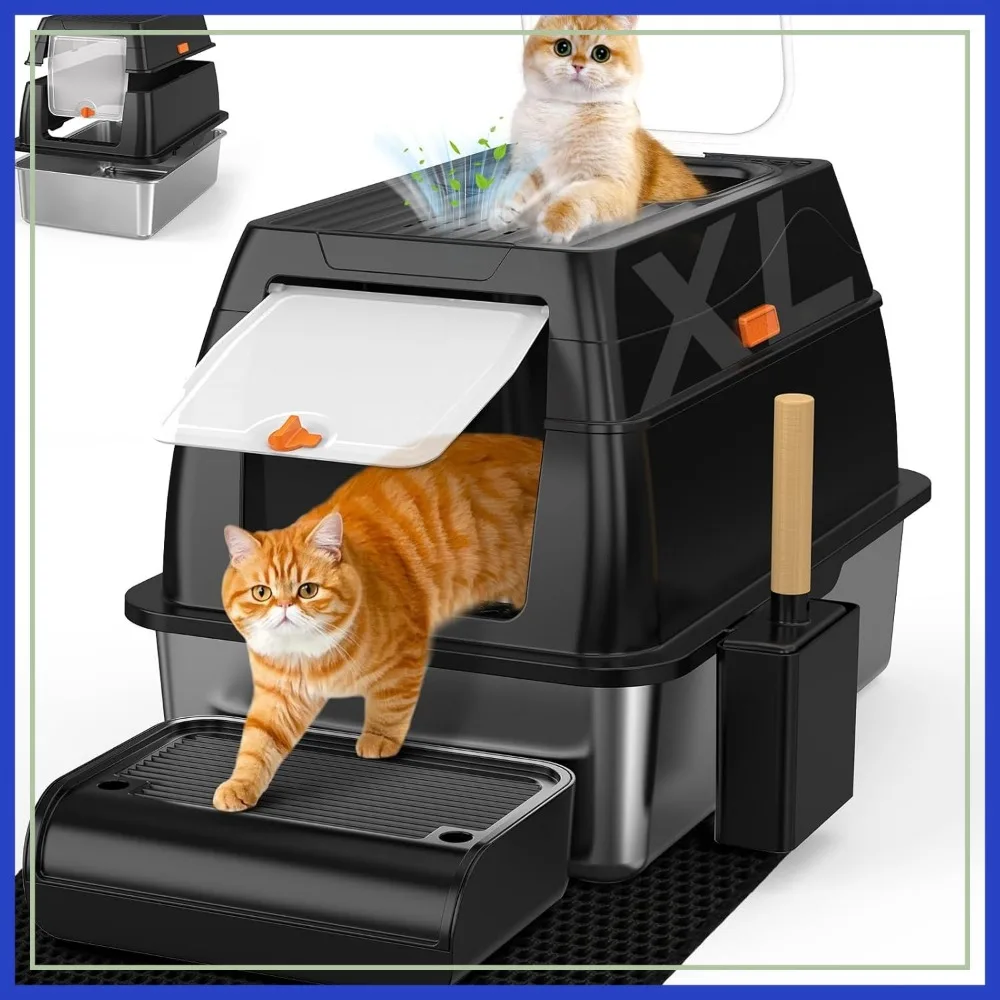 

Extra Large Stainless Steel Litter Box with Lid, Easy Clean, Odor Control, Includes Scoop, Mat & Step, Black