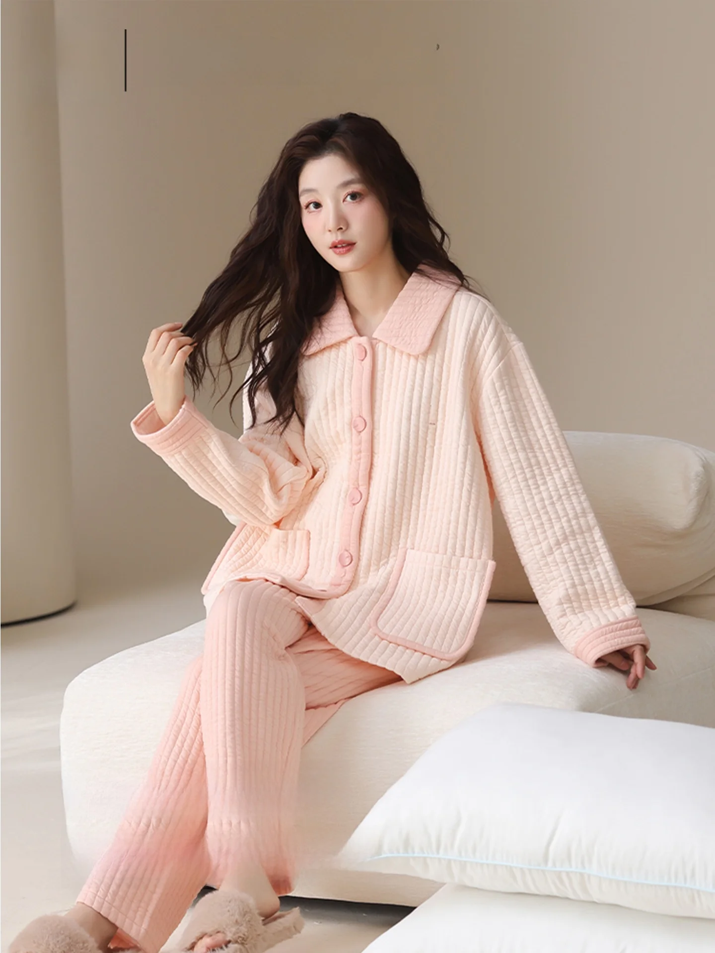 Thickened Air Cotton Sleepwear Set for Women Home Clothes Casual Style Long Sleeve Pocket Design Soft Polyester 