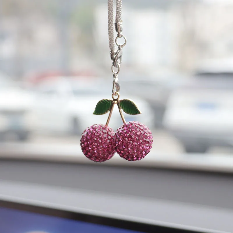 Cherry Car Decor Accessories for Women Cute Car Crystal Rear View Mirror Hanging Hippie Cherry Decorations Accessory Charm Gifts