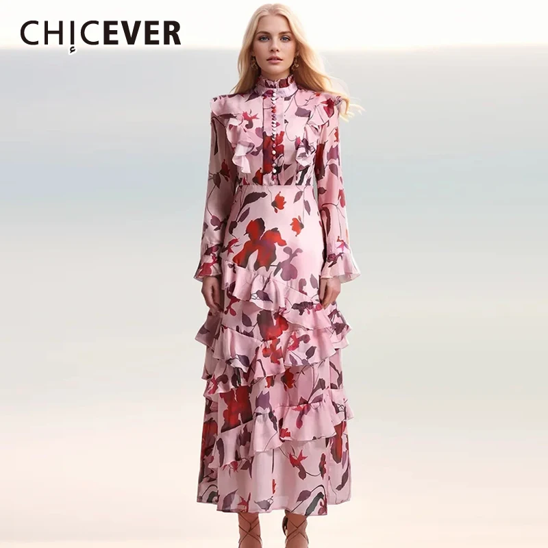 CHICEVER Print Flower Long Dresses For Women Stand Collar Long Sleeve High Waist Hit Color Patchwork Ruffles Maxi Dresses Female