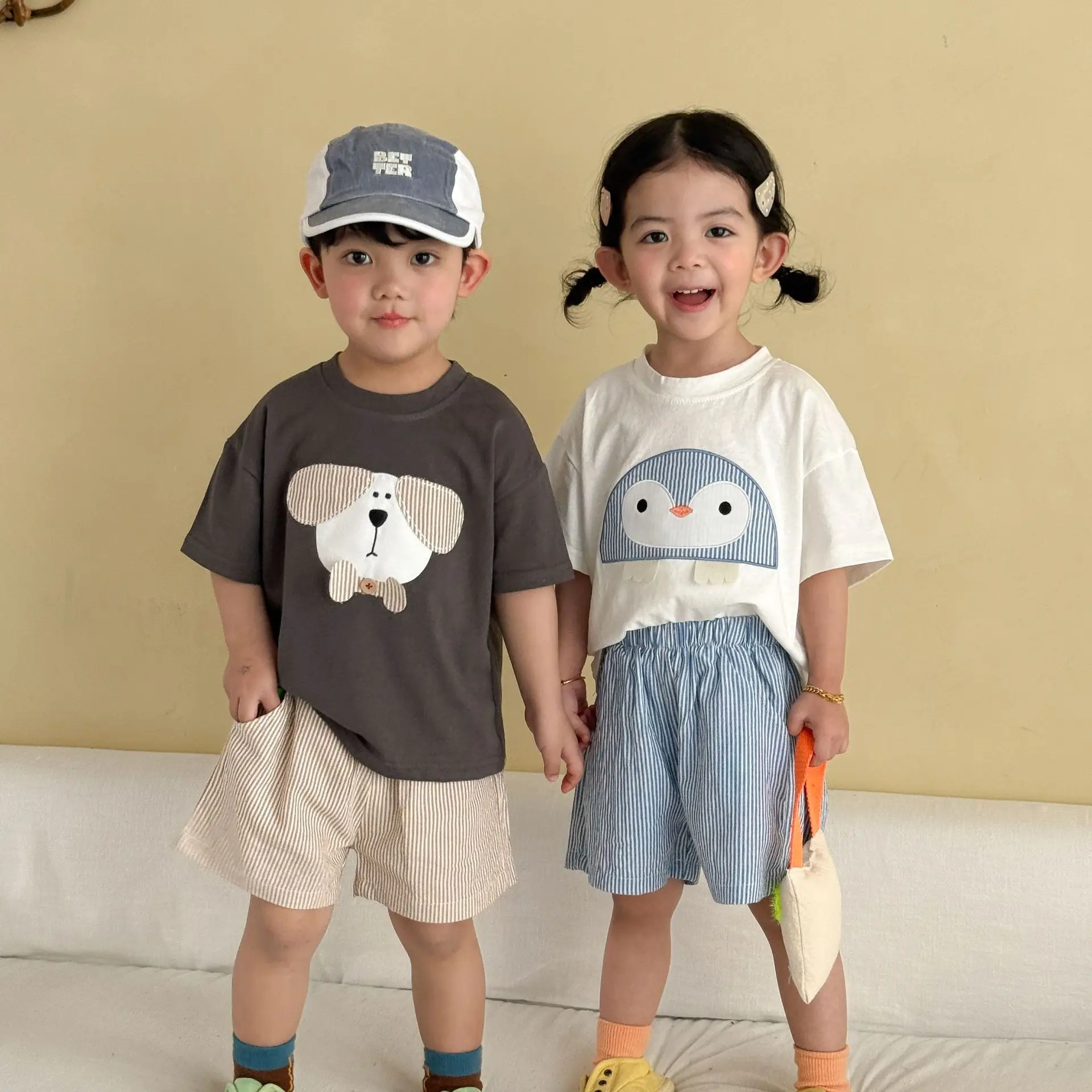 2026 Summer New Children Cartoon Clothes Set Boys Chest Patch T Shirts + Shorts 2pcs Suit Kids Girls Casual Loose Outfits