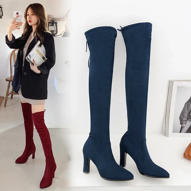 2025 botas de Mujer de moda Primavera Invierno tacones por encima de la rodilla gamuza de calidad botines cuadrados cómodos largos Mujer botas altas hasta el muslo 32-43