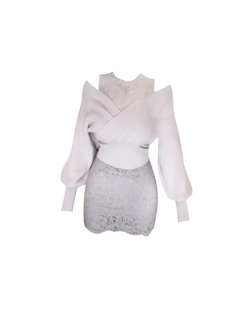 HEZA Plus Size Malha Renda ter Ne Top E Saia Conjunto Feminino Outono Sexy Cintura Alta Ort Saia Ensemble Coreano Sle