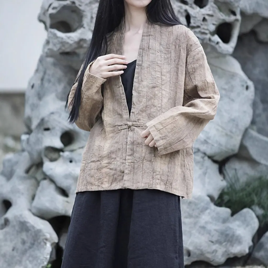 

Women's Cotton Linen Blend Sand Wash Tie-Dye Ramie One Button Suit Jacket Vintage Style Available in 2 Colors