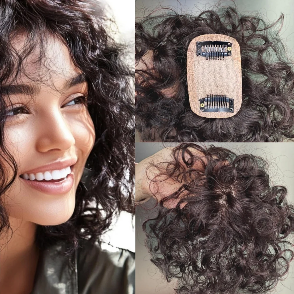 Curly Hair Toppers for Women Human Hair Clip In Hairpiece with Silk Base Natural Black dark brown for Thinning Hair 8 Inch