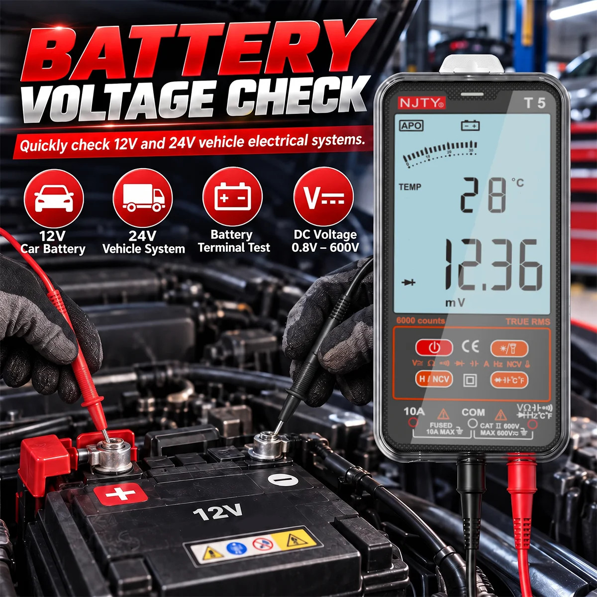 T5 Automotive Digital Multimeter 6000 Counts TRMS NCV Auto-Ranging AC DC Voltagee Current Temp Car Repair Electrical Tester Tool