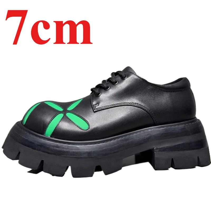 Europe/American Original Wide Version Big Head Derby Shoes for Men's 7cm Platform Genuine Leather Casual Height Increasing Shoes