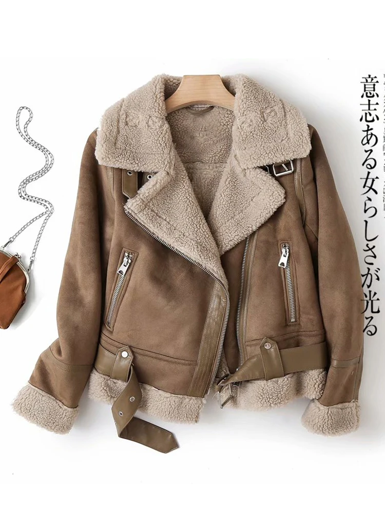 Ailegogo Women Winter Faux Shearling Sheepskin Leather Jackets Female Thick Warm Suede Lambs Short Motorcycle Brown Coat Outwear