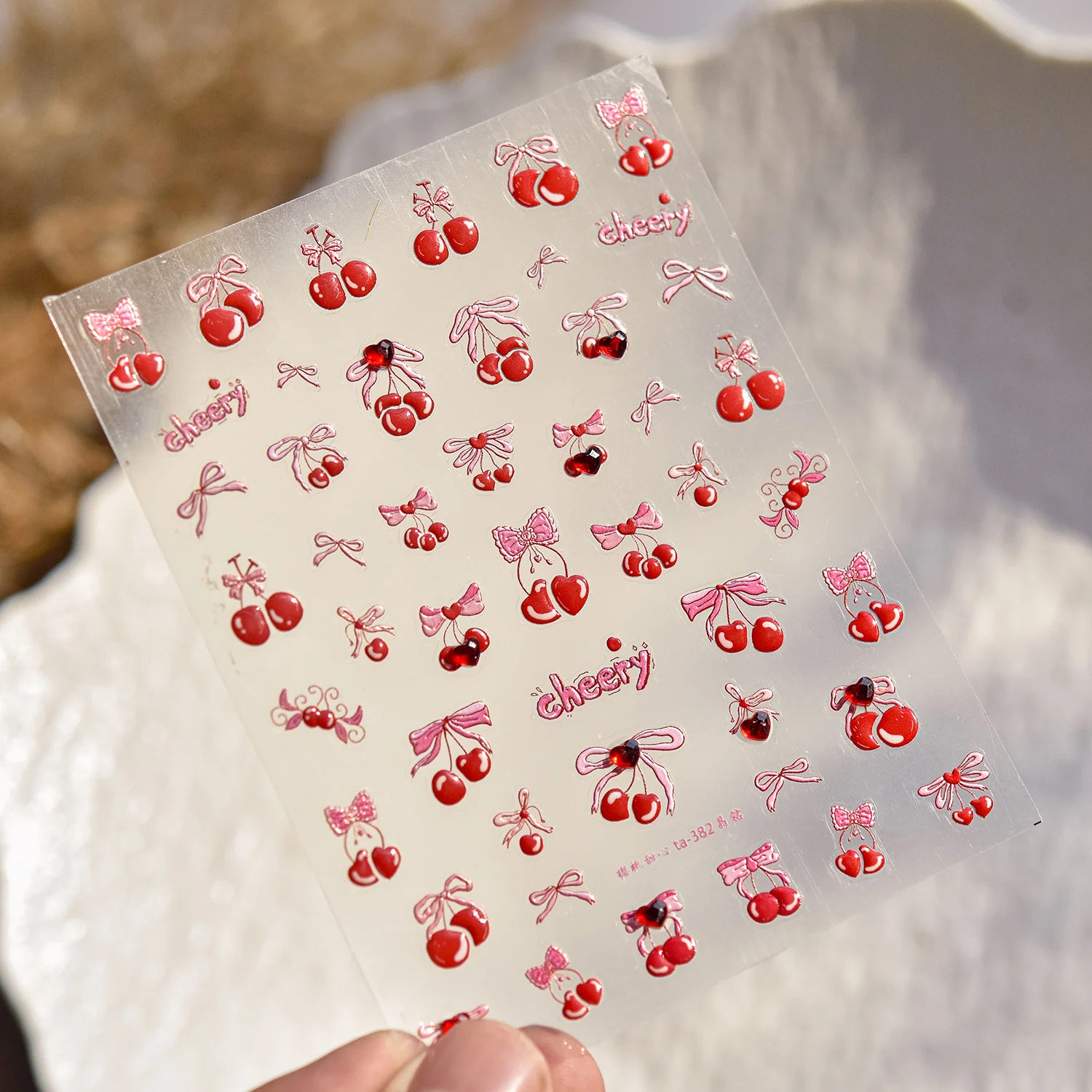 1 unidad de pegatinas para decoración de uñas DIY, bonitas calcomanías para decoración de manicura, pegatinas para uñas de cereza roja dulce, autoadhesivas 5D de cristal con diamante y cereza
