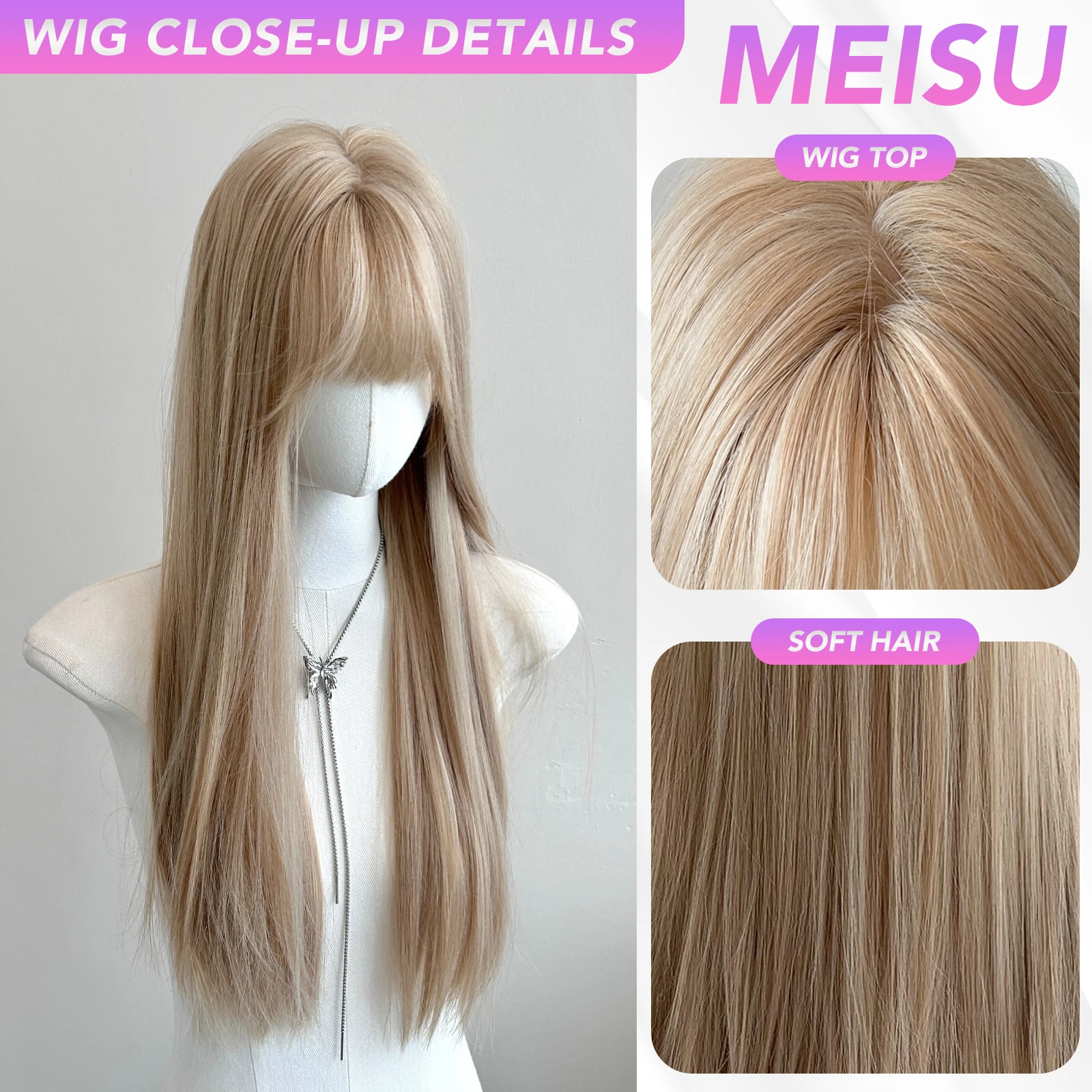 MEISU 26 بوصة شعر مستعار طويل مستقيم الذهب الألياف الاصطناعية الطبقات مقاومة للحرارة شعر طبيعي ناعم للنساء الاستخدام اليومي تأثيري #3