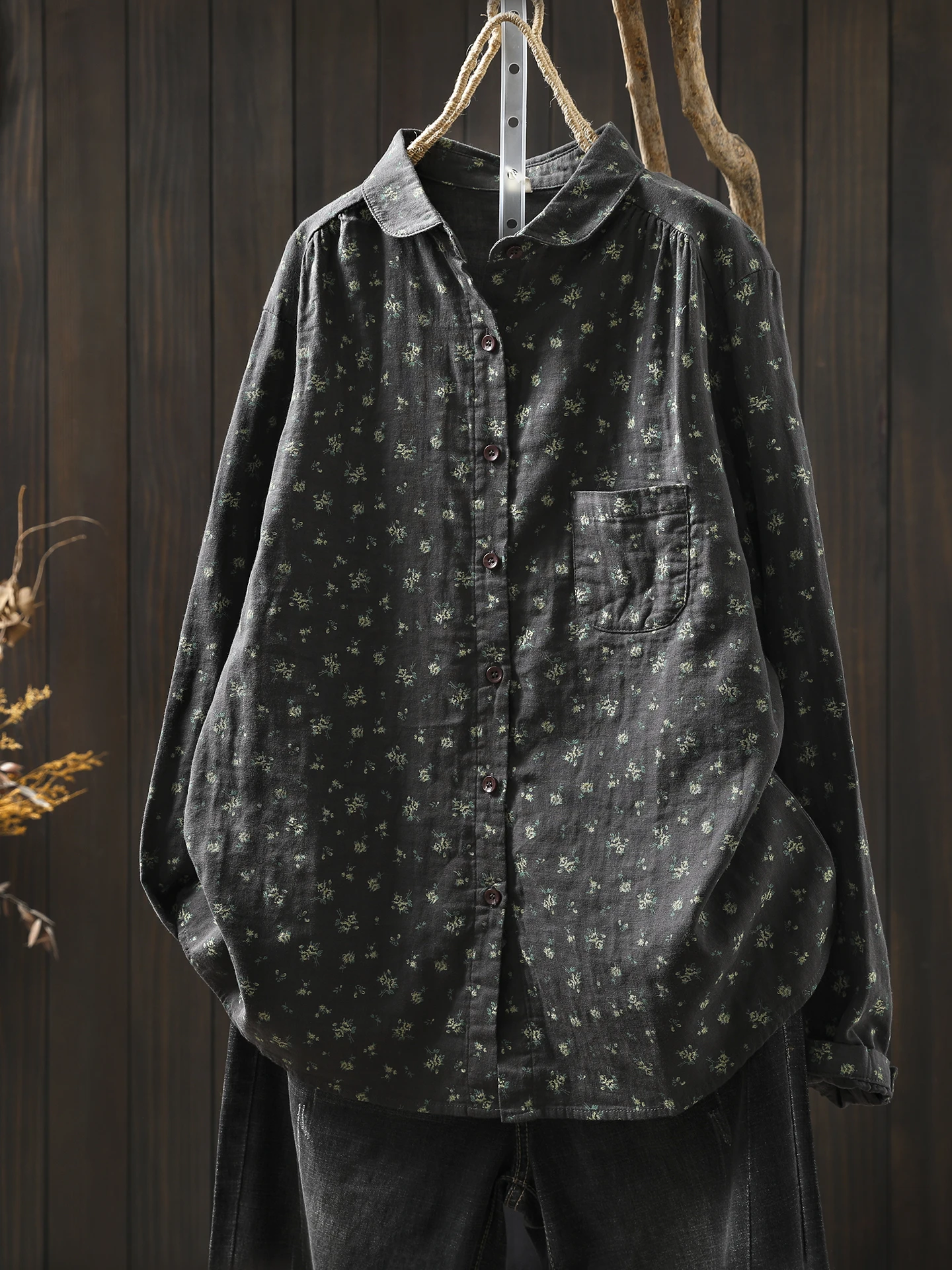 

Женская свободная хлопковая рубашка с длинным рукавом, двухслойная, с цветочным принтом, винтажная, художественная, универсальная, больших размеров, стройнящая, повседневная