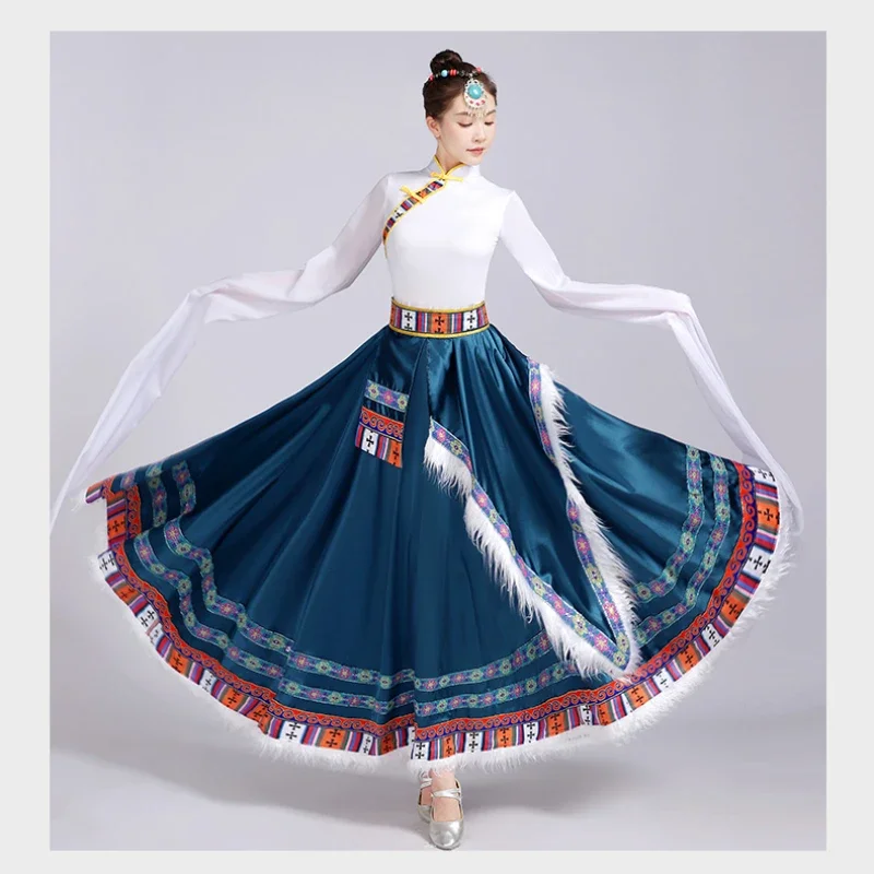 Mongolian National Tibetan Dress Modern Minority Performance Costume Traditional Folk Stage DanceWear Tibetan Outfit Long Skirts