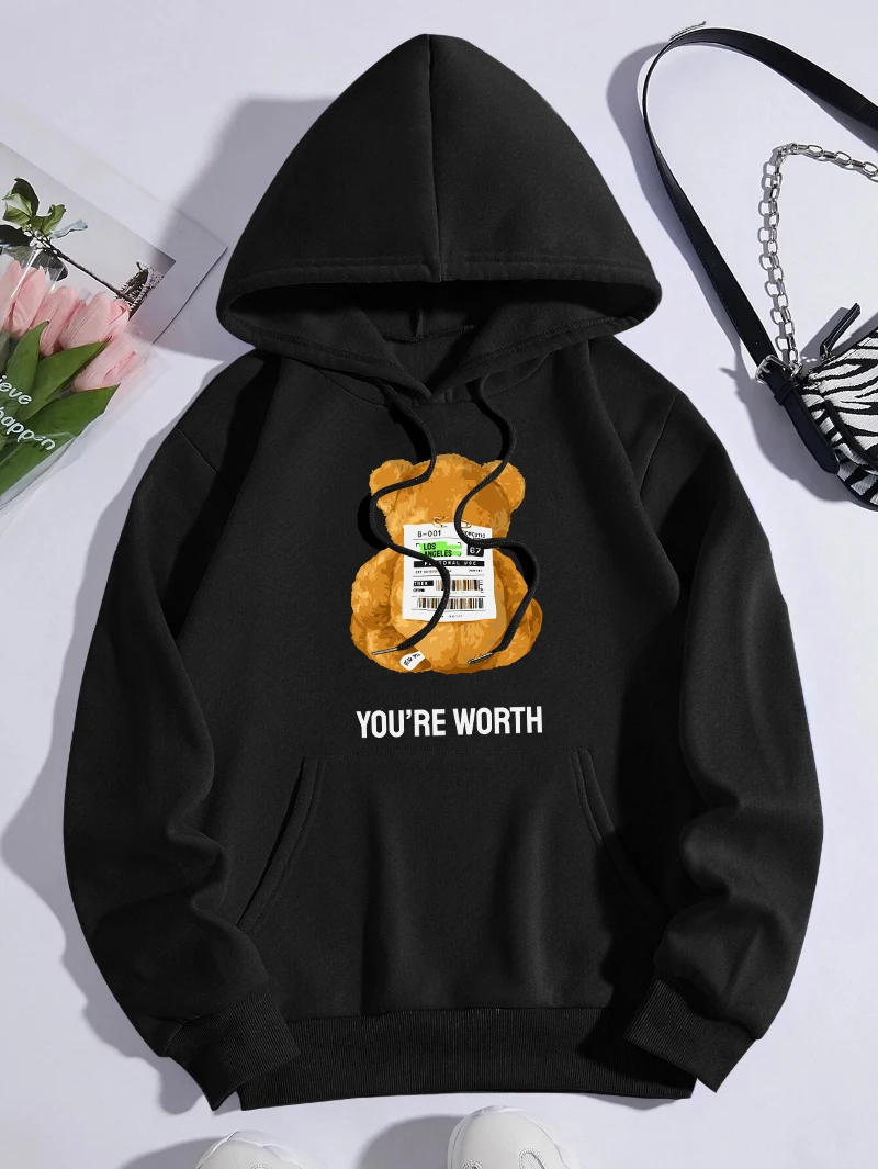 Stuffed Bear Hoodie Women You'Re Worth Letter Printing Tops Loose Fleece Warm Pocket Streetwear Winter Comfortable Woman Clothes