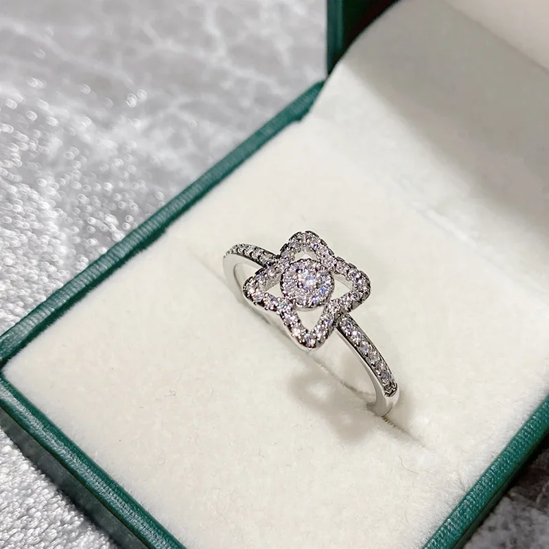 

MDL Moissanite style full of diamonds zirconia four-leaf clover open ring fashion couple rose light luxury finger ring