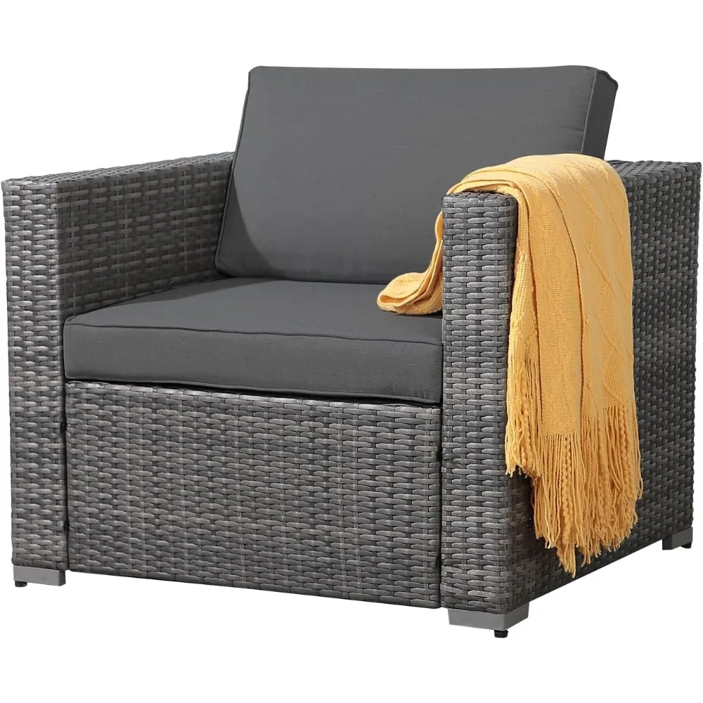 Patio Single Sofa, Outdoor Armchair, All-Weather Grey PE Wicker Rattan Sectional Sofa, Additional Chair Dark Grey Cushion