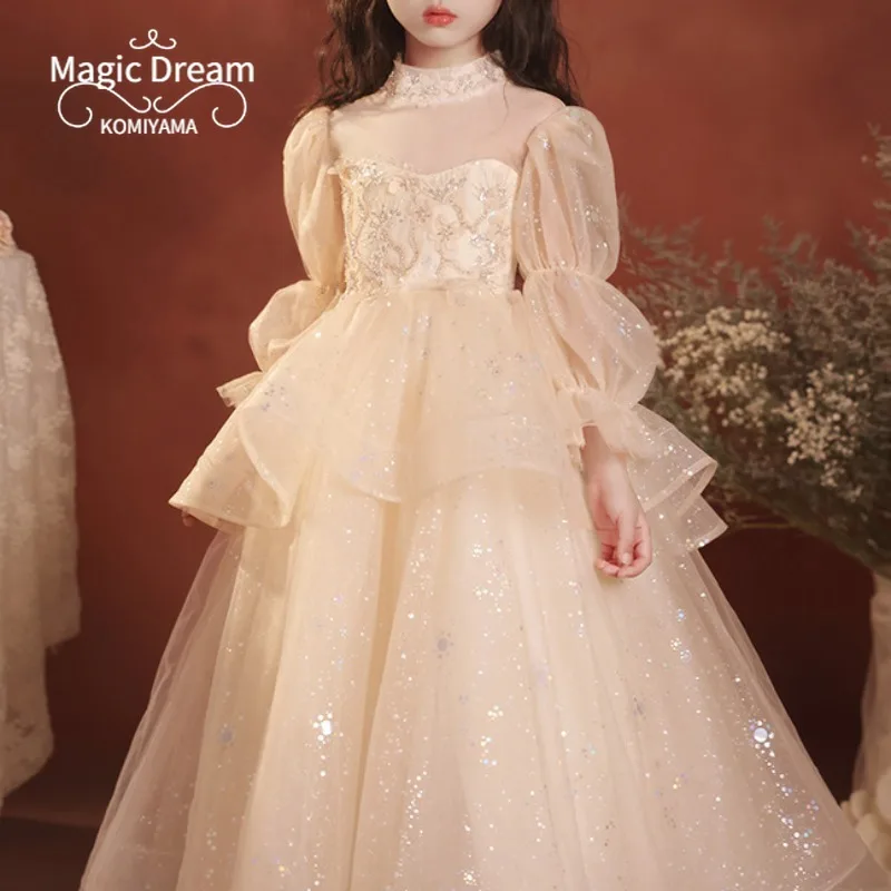 Customized O-neck Long Sleeve Elegant Design Niche Wed Flower Girls Dresses Pleated Appliqué Kids Birthday Party Vestidos Prince