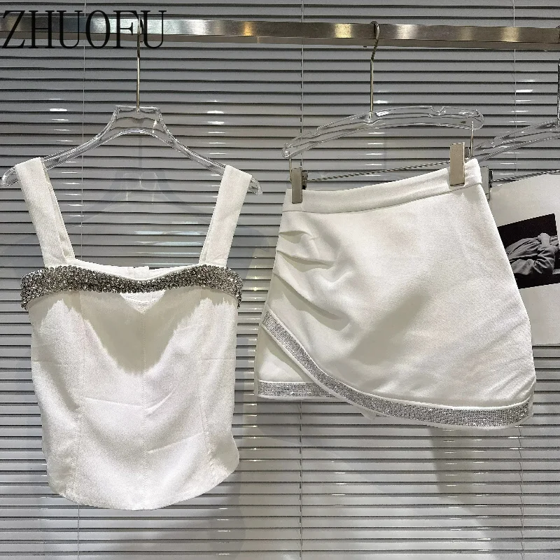 Women 2 Piece Outfit Sparkling Rhinestone Trim Strap Cami Vest Mini Skirt Set Slim High Waist Short Skirt Party Outfits 2026 New