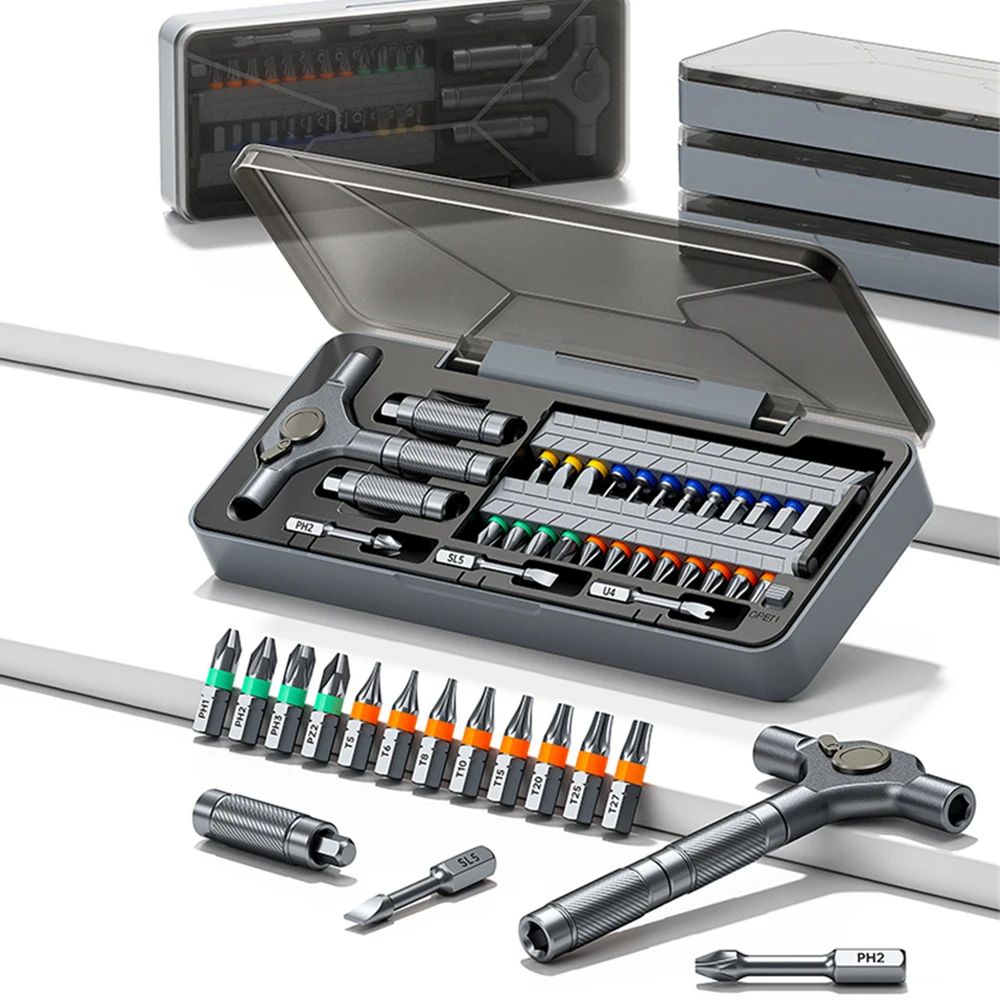 Magnetic Screwdriver Set 32 in 1 Ratcheting Screwdriver Set with Detachable T Handle 5° Swing Angle & Durable S2 Steel Bits