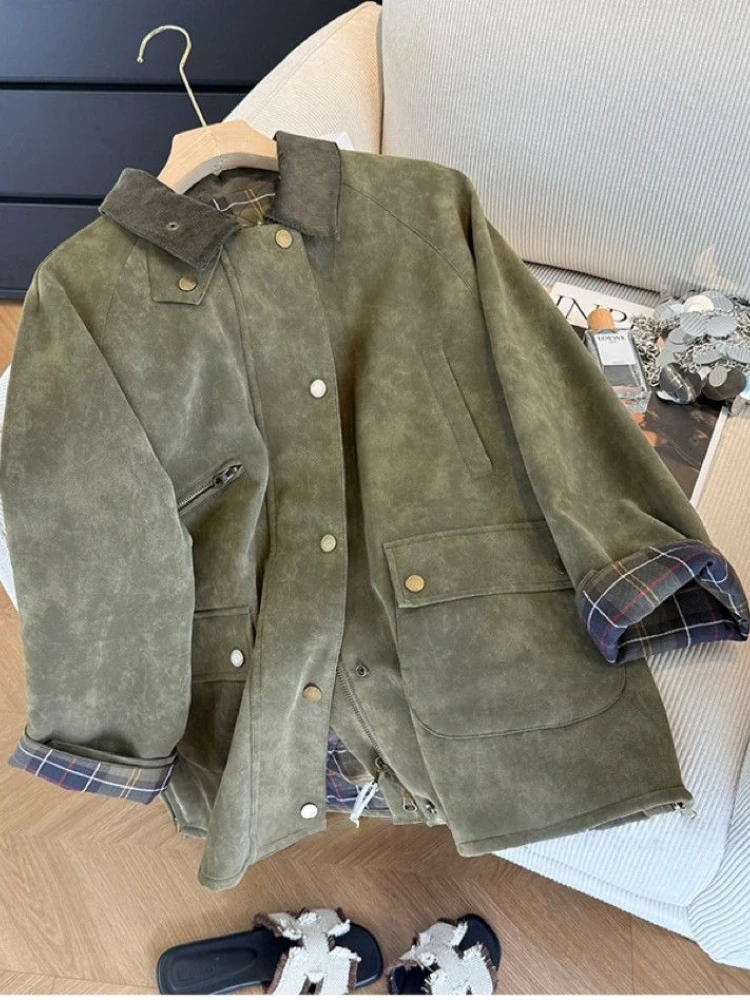 

Women's Vintage Loose Casual Suede Jacket with Plaid Patchwork Chic Spring Autumn Coat Comfortable Transitional Outerwear