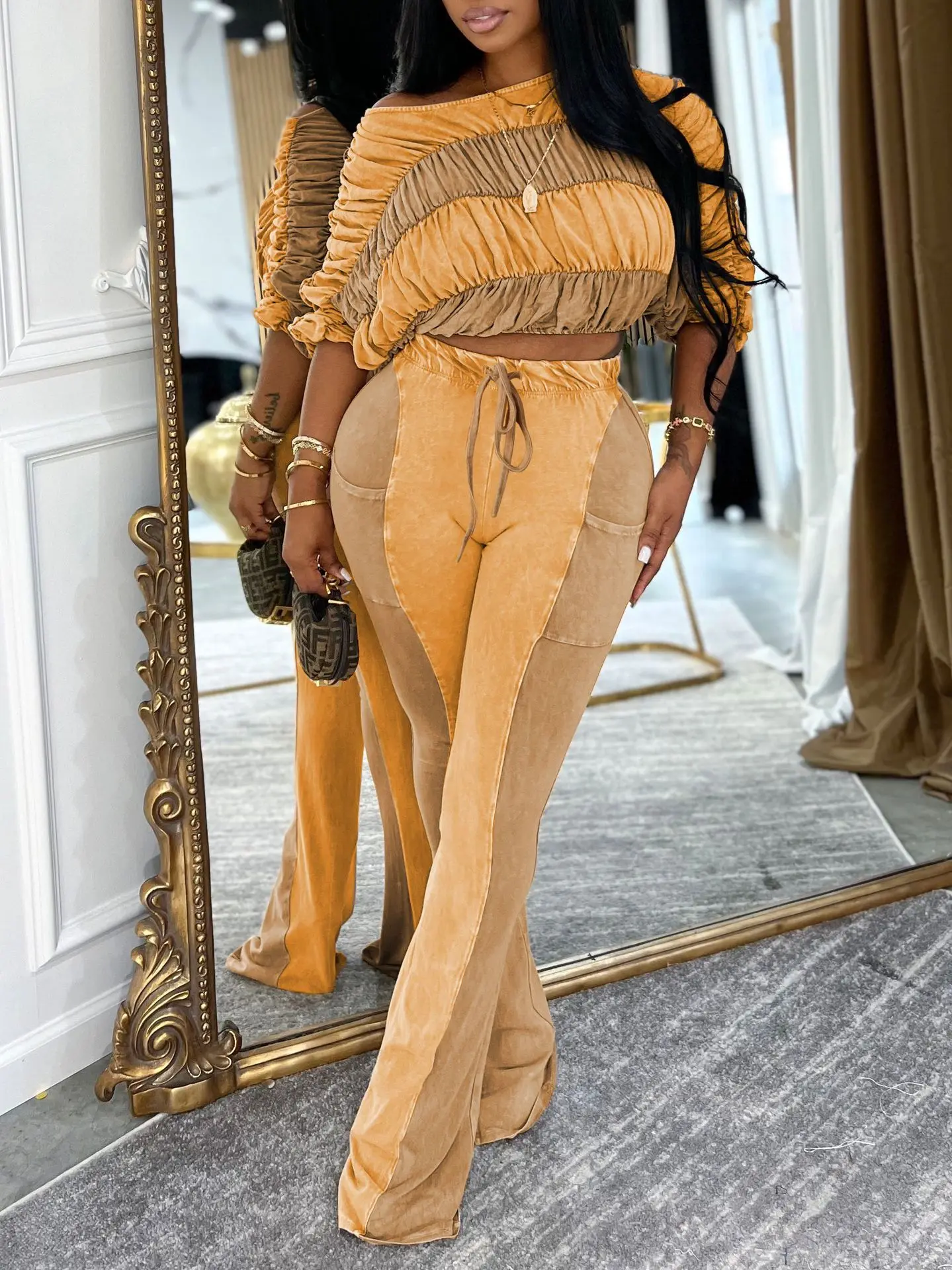 مجموعة النساء Fa11 الشتاء أزياء المرقعة اللون مطوي سليم تمتد أعلى والسراويل متوهج عارضة قطعتين مجموعة النساء الملابس